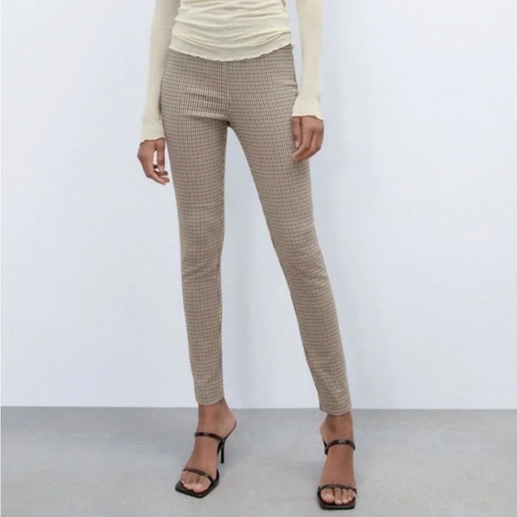 Zara Plaid Pants Brown Tan Size Large Skinny High Waist - Picture 1 of 6